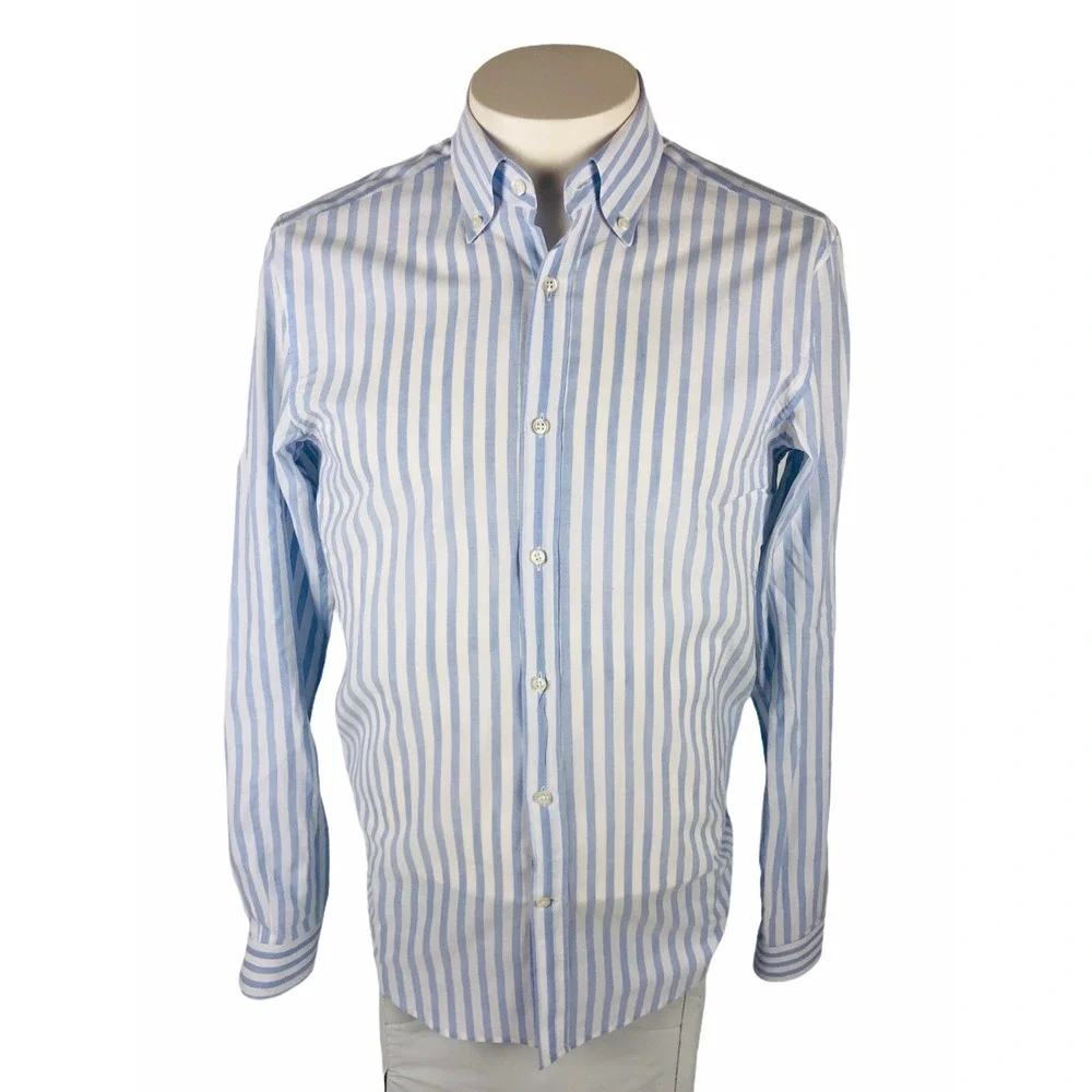 Reiss Mens Small Shirt Striped Blue White Cotton Linen Blend Button Front EUC